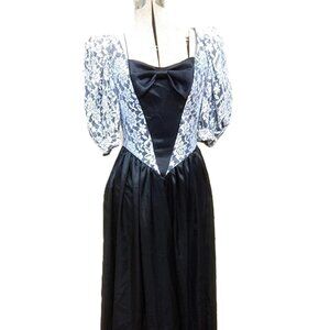 Vintage Formal Dress 31"B Black Satin Bows White Lace Puff Sleeves Evening Gown